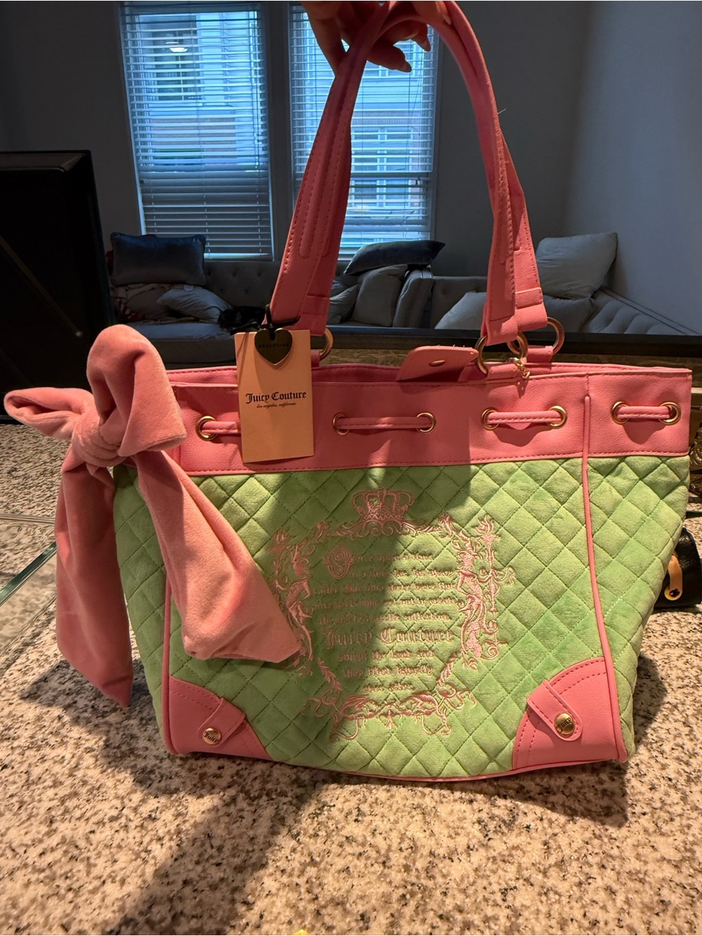 Juicy Couture Pink & Green Quilted Tote with Scarf Accent NWT